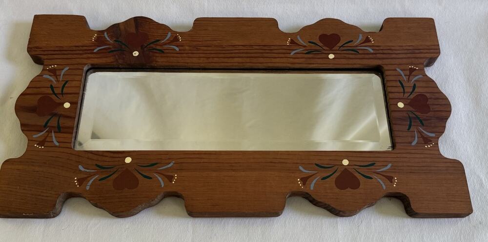 Vintage Country Farmhouse Wooden Mirror Hand Painted Hearts Scalloped Edges 16x8